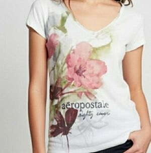 The Vintage Y2K Aeropostale Women's Watercolor Floral Graphic Plunge V-Neck Tee